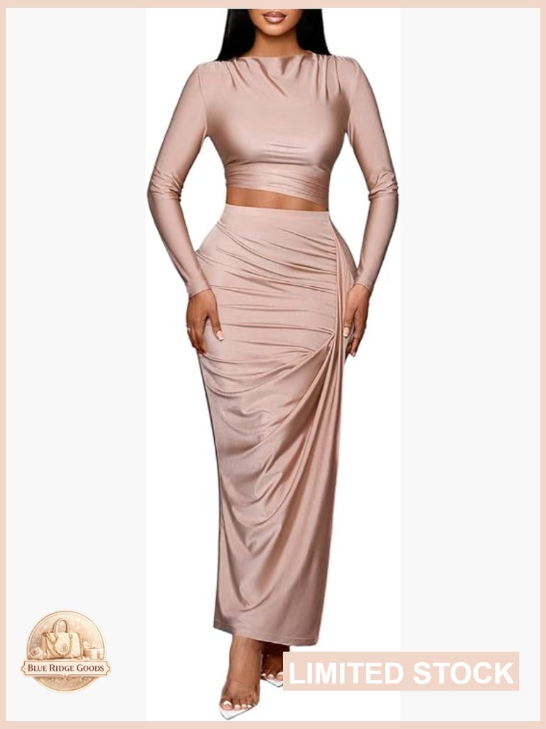 Ruched Long Sleeve Crop Top High Slit Bodycon Maxi Skirt Set Elegant